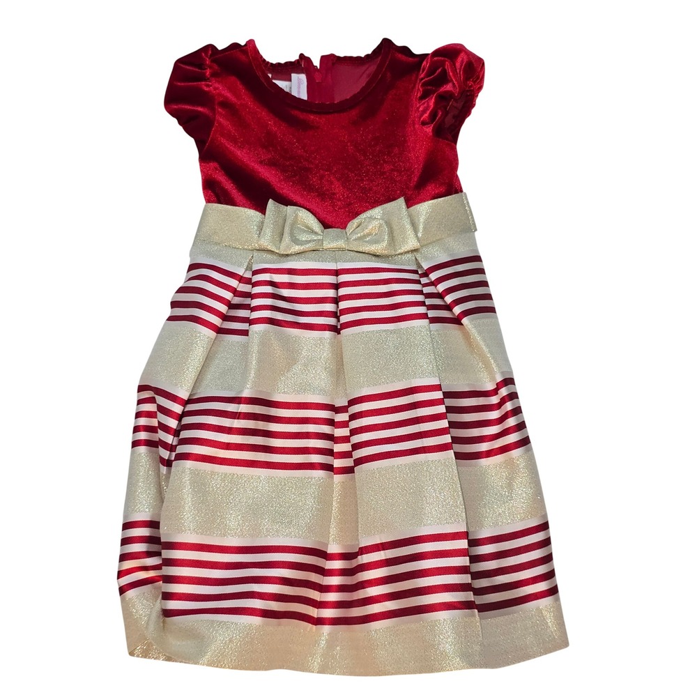 Bonnie Jean Girls Red Velvet Metallic Gold Striped Holiday Party Dress 4 4T